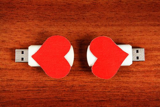 Two USB Flash Drive with Heart Shapes on the Wooden Background