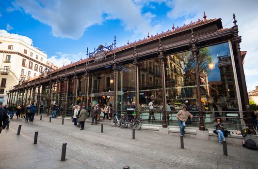 Madrid, Spain - May 6, 2012: Local peoples and tourists in front of San Miguel Market (Mercado San Miguel) on city centre of Madrid, Spain