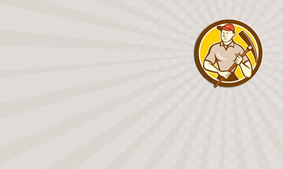Business card showing illustration of a construction worker wearing hat holding pickaxe set inside circle on isolated background done in cartoon style. 