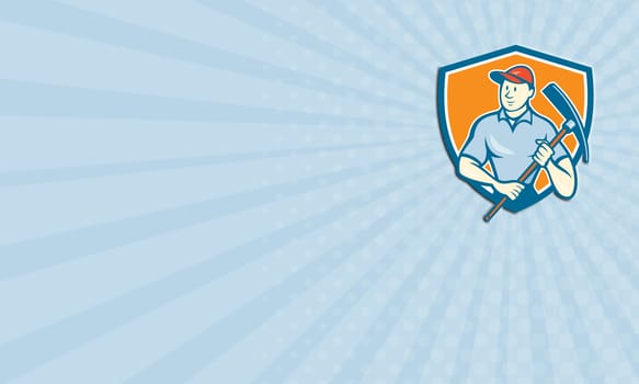 Business card showing illustration of a construction worker wearing hat holding pickaxe set inside shield crest on isolated background done in cartoon style. 