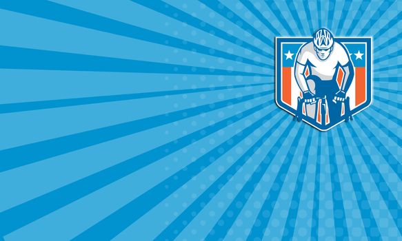 Business card showing illustration of an american cyclist riding racing bicycle cycling facing front set inside shield crest with usa stars and stripes flag in the background done in retro style. 