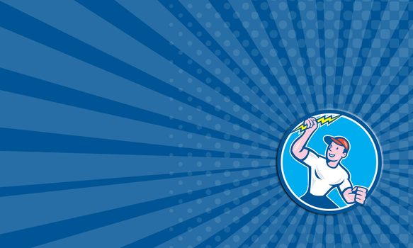 Business card showing illustration of an electrician construction worker standing holding a lightning bolt looking to the side set inside circle done in cartoon style on isolated background.