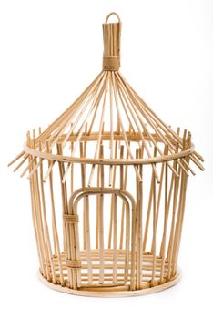 Light wooden bird cage on white