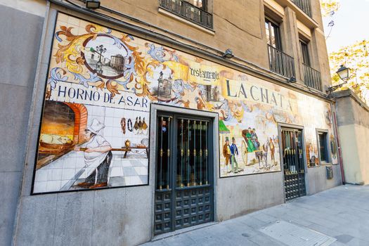 Madrid, Spain - May 6, 2012: La Chat restaurant painted facade on a spring day in Madrid, Spain