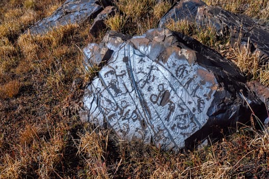 Ancient pictograms engraved on rock on Saimaluu Tash site in Kyrgyzstan