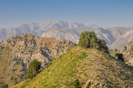 Scenic landscape of Tian Shan mountain range near Chimgan  in Uzbekistan