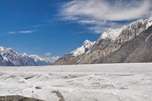 Scenic high altitude landscape on Engilchek glacier in Tian Shan mountain range in Kyrgyzstan