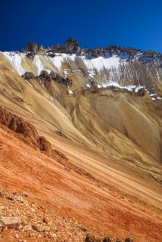 Picturesque view of colored mountain slopes near Salar de Uyuni in Bolivia