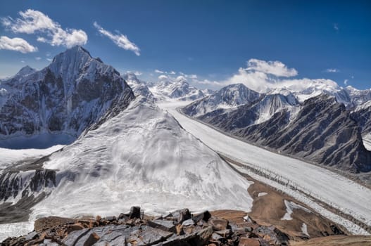 Magnificent Fedchenko Glacier in Pamir mountains in Tajikistan