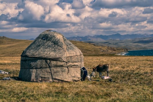 Traditional yurt of nomadic tribe on green grasslands in Kyrgyzstan