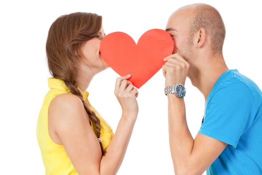 happy young couple in love with red heart valentines day isolated  portrait 