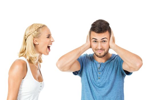 young woman screaming at boyfriend isolated on white