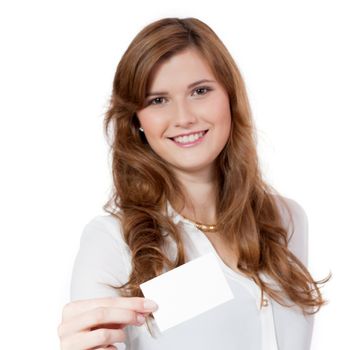 young successful businesswoman  with blank business card isolated