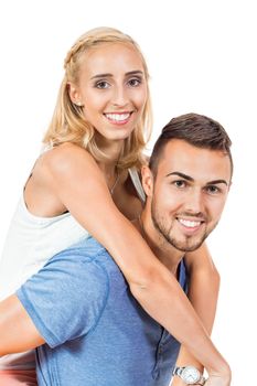 young smiling couple in love portrait isolated on white