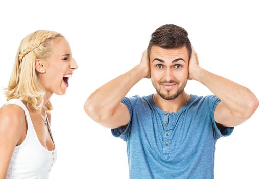 young woman screaming at boyfriend isolated on white