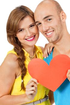 happy young couple in love with red heart valentines day isolated  portrait 