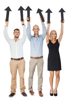 happy people showing up black arrows business team advertising isolated