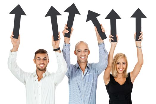 happy people showing up black arrows business team advertising isolated