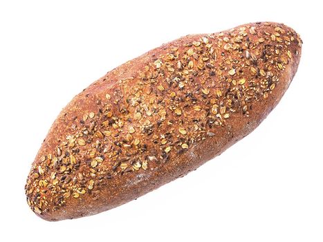 Whole grain bread Loaf over white background shot from above with no shadows
