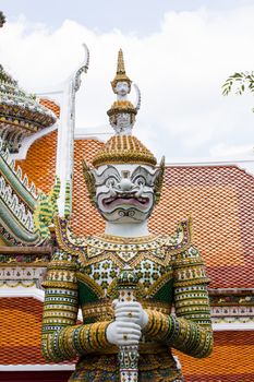 Measure giant in Arun temple of Bangkok, Thailand, face closeup