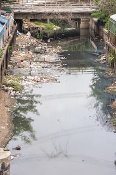 polluted River with rubbish in bangkok Thailand.