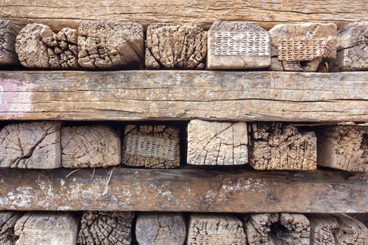 old stack of railroad ties in thailand.