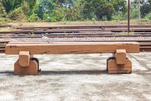 Bench made of old railroad ties in railway station, thailand