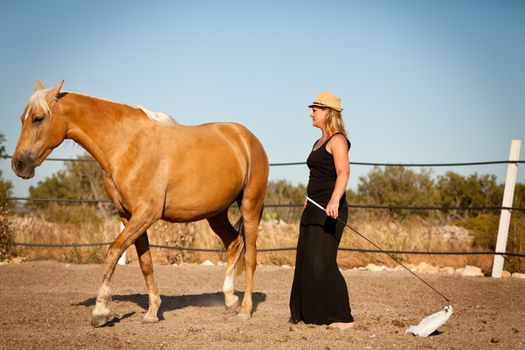 young woman training horse outside in summer choreography 