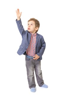 little boy with jacket and shirt with his hand lifted up on white background