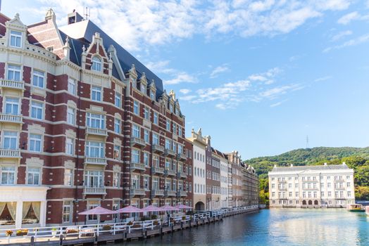 Beautiful exterior view of hotel near the canal at huis ten bosch, japan