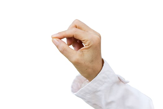 hand of business woman holding object, isolated on white background