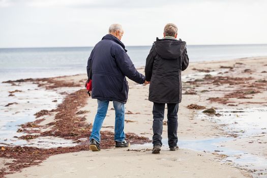 happy elderly senior couple walking on beach healthcare recreation