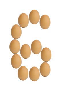 Number 0 to 9 from brown eggs alphabet isolated on white background, six