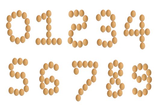Number 0 to 9 from brown eggs alphabet isolated on white background.