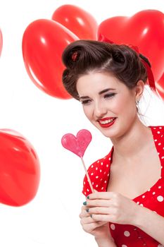 smiling young attractive girl woman with red lips hearts valentines day isolated love 