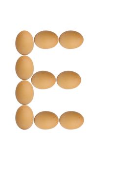 Alphabets  A to Z from brown eggs alphabet isolated on white background, E