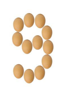 Number 0 to 9 from brown eggs alphabet isolated on white background, nine