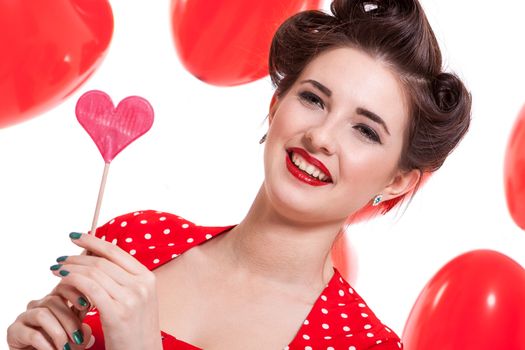 smiling young attractive girl woman with red lips hearts valentines day isolated love 