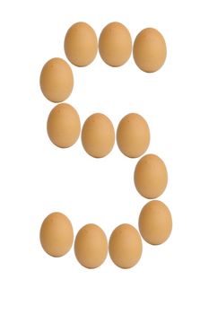 Number 0 to 9 from brown eggs alphabet isolated on white background, five