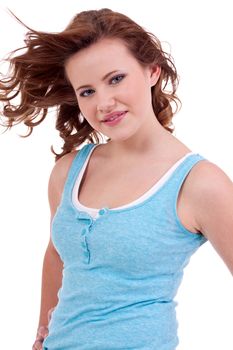 young teenager girl smiling having fun portrait blue shirt