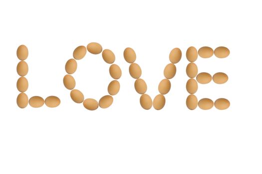 word love made of eggs, isolated on white background