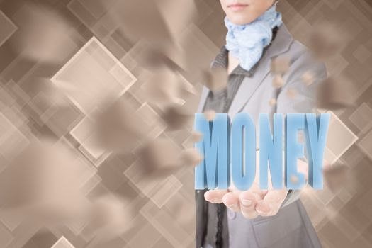 Concept of money, business woman holding a 3d text.