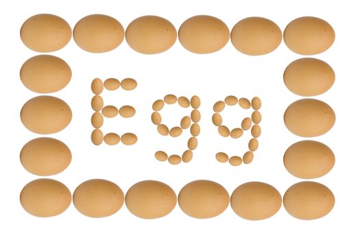 word egg made of eggs with frame, isolated on white background.