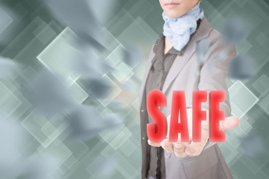 Concept of safe, business woman holding a 3d text.
