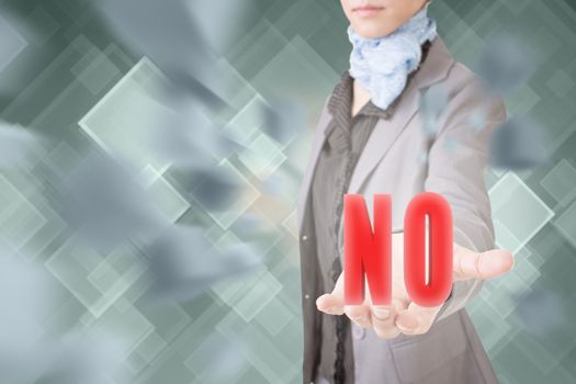 Concept of no, business woman holding a 3d text.