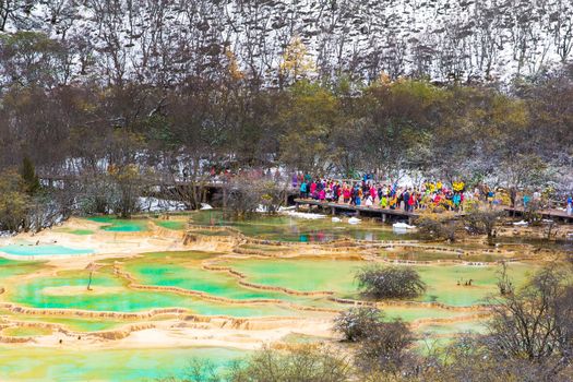 Huanglong Area with green pond in winter snow season, Sichuan, China