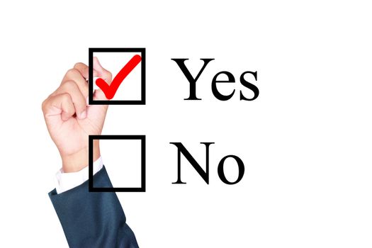 say yes tick mark on checkbox by businessman draw on whiteboard white background