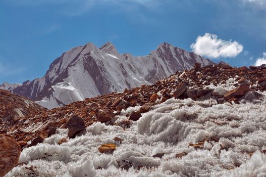 Frost crystals in scenic Pamir mountains in Tajikistan