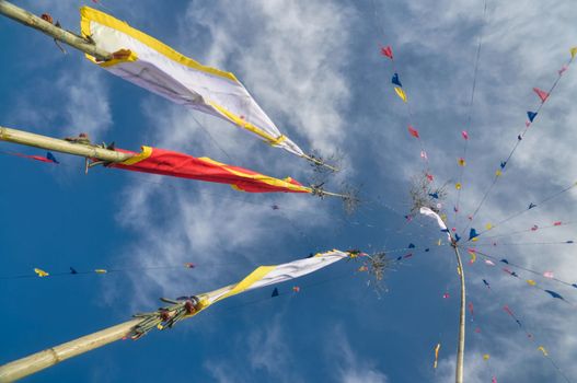 Colorful buddhist prayer flags and standards on poles in Pathivara Devi, Nepal