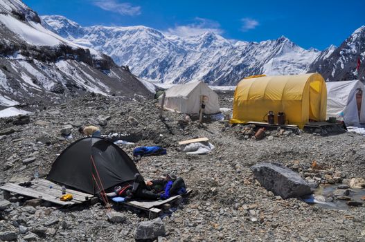 Basecamp on Engilchek glacier in scenic Tian Shan mountain range in Kyrgyzstan